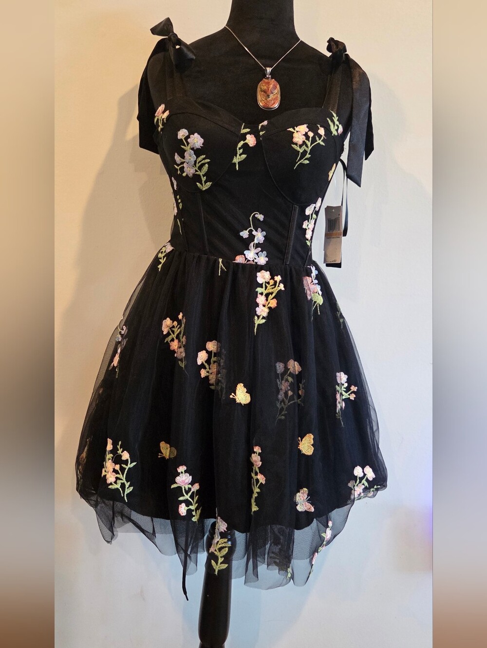 Studio Black Floral Embroidered Tulle Party Dress